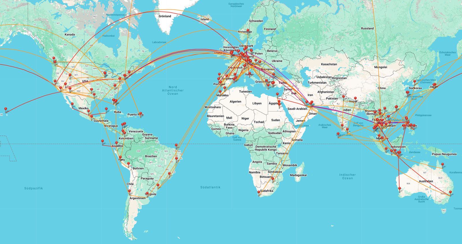 World of Upgrades Flugrouten-Weltkarte, echte Premium-Fl&uuml;ge weltweit